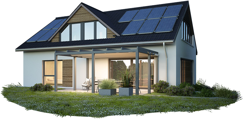 Illustration of a house with rooftop solar panels installed by RPG Green Technology